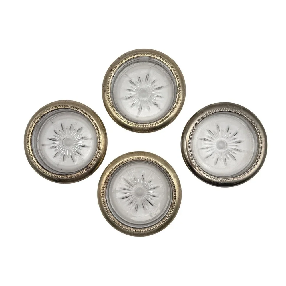Vintage Leonard Italy Silverplate Glass Starburst Coasters Set of 4 Gadroon Rim